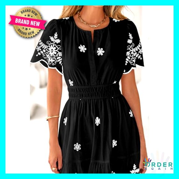 Boho Floral Maxi Dress V Neck Short Sleeve Elastic Waist Pockets Tiered - Picture 6 of 7